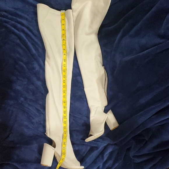 RAYE Cream Thigh High Over-the-Knee Peep Toe Open Heel Back Zip Boots - Picture 10 of 12